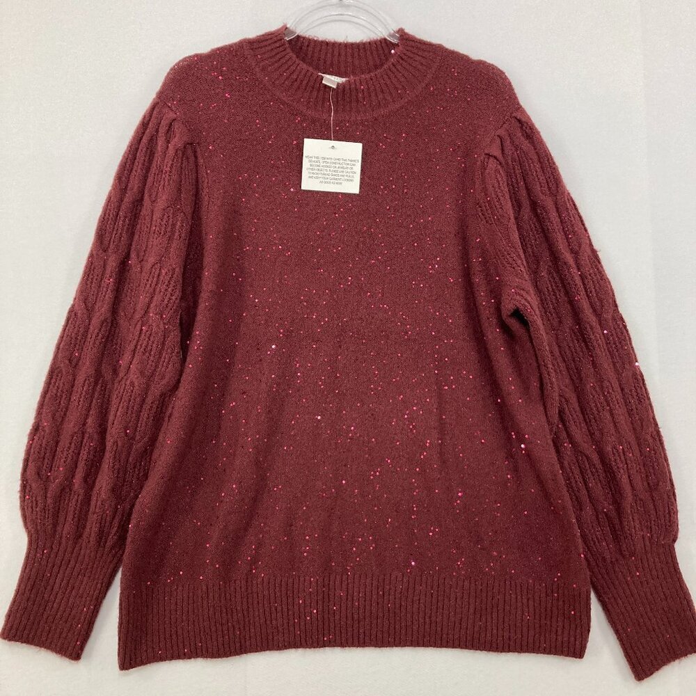 New Belle Kim Gravel Large Red Burgundy Sequins Puff Sleeve Cozy Sweater Elegant